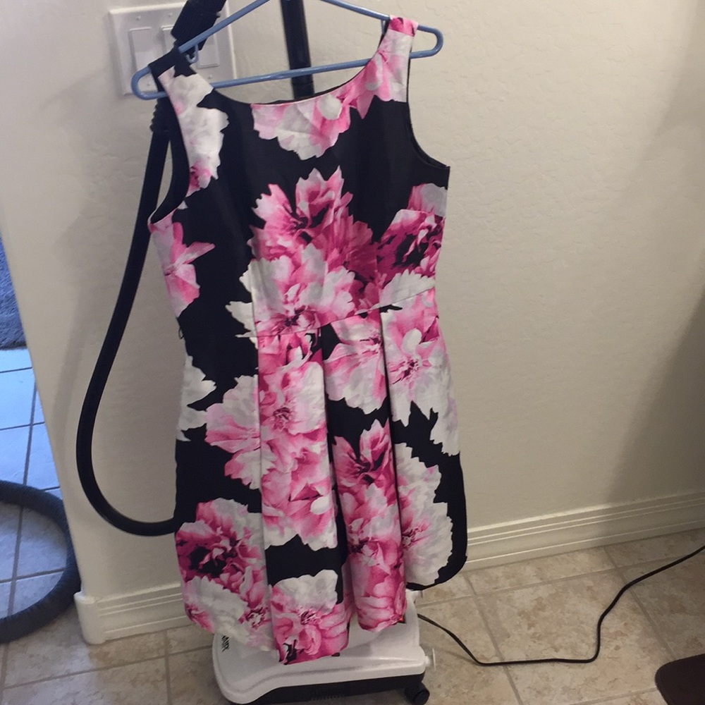 Black white and pink floral cocktail dress